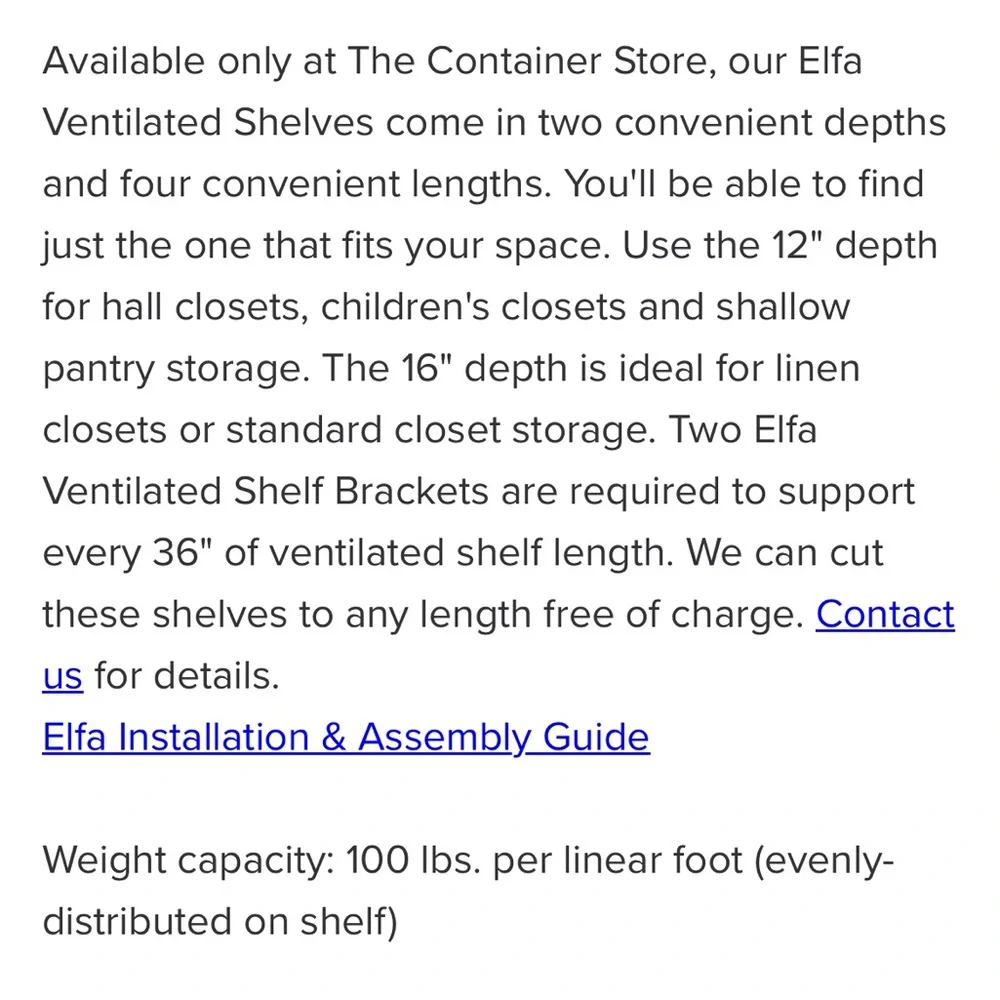 Elfa Ventilated Wire Shelf 20”x3’ white